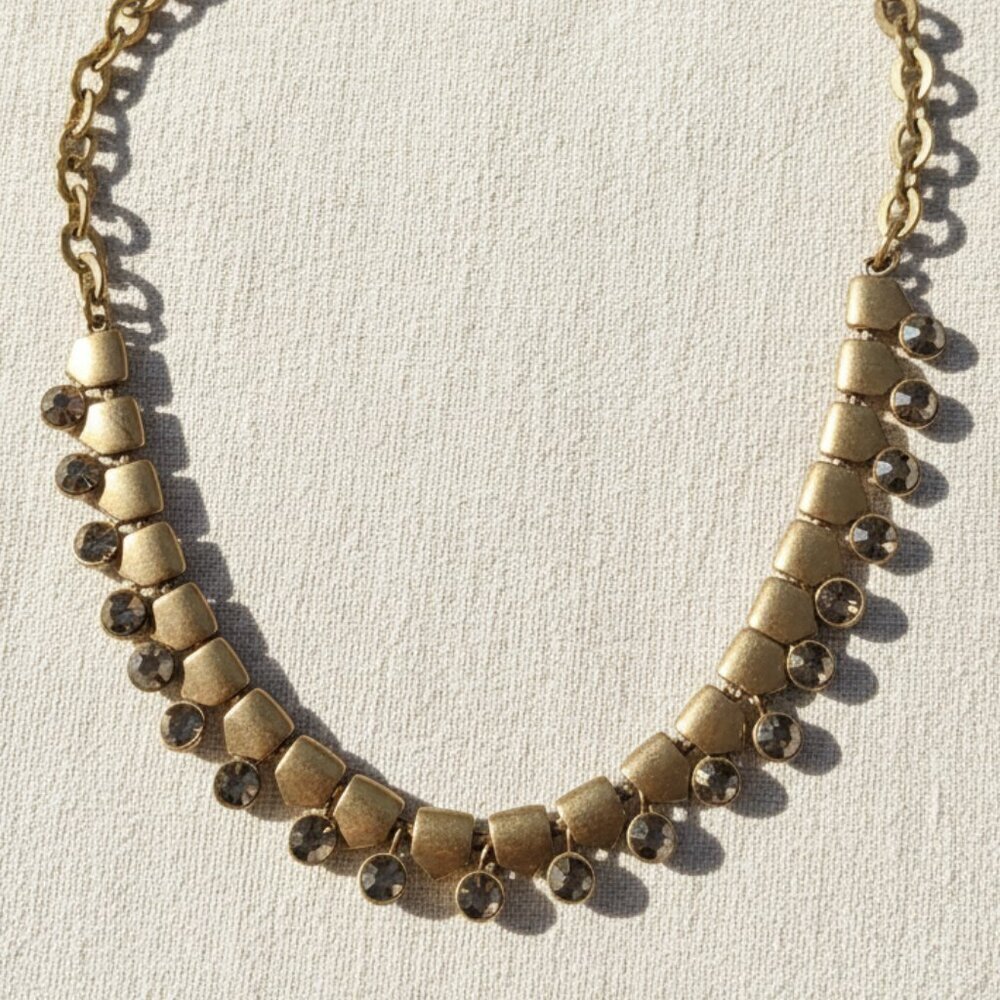 J. Crew Smoky Rhinestone Collar Statement Necklace - Antique Gold Tone - EUC